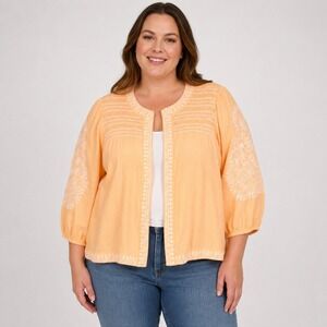 Beautiful by Lawrence Zarian XL Peach Linen Blend Embroidered Open Front‎ Jacket
